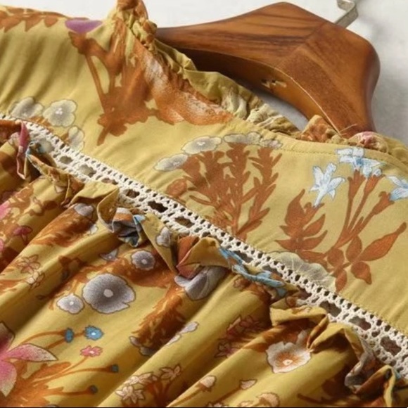Boho 60’s Floral Gypsy Print Ruffle Dress Yellow - Picture 11 of 12